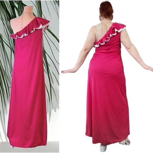 Alfred Shaheen VTG RARE Pink One Shoulder Hand Painted Maxi Dress Size 10 - Picture 11 of 13